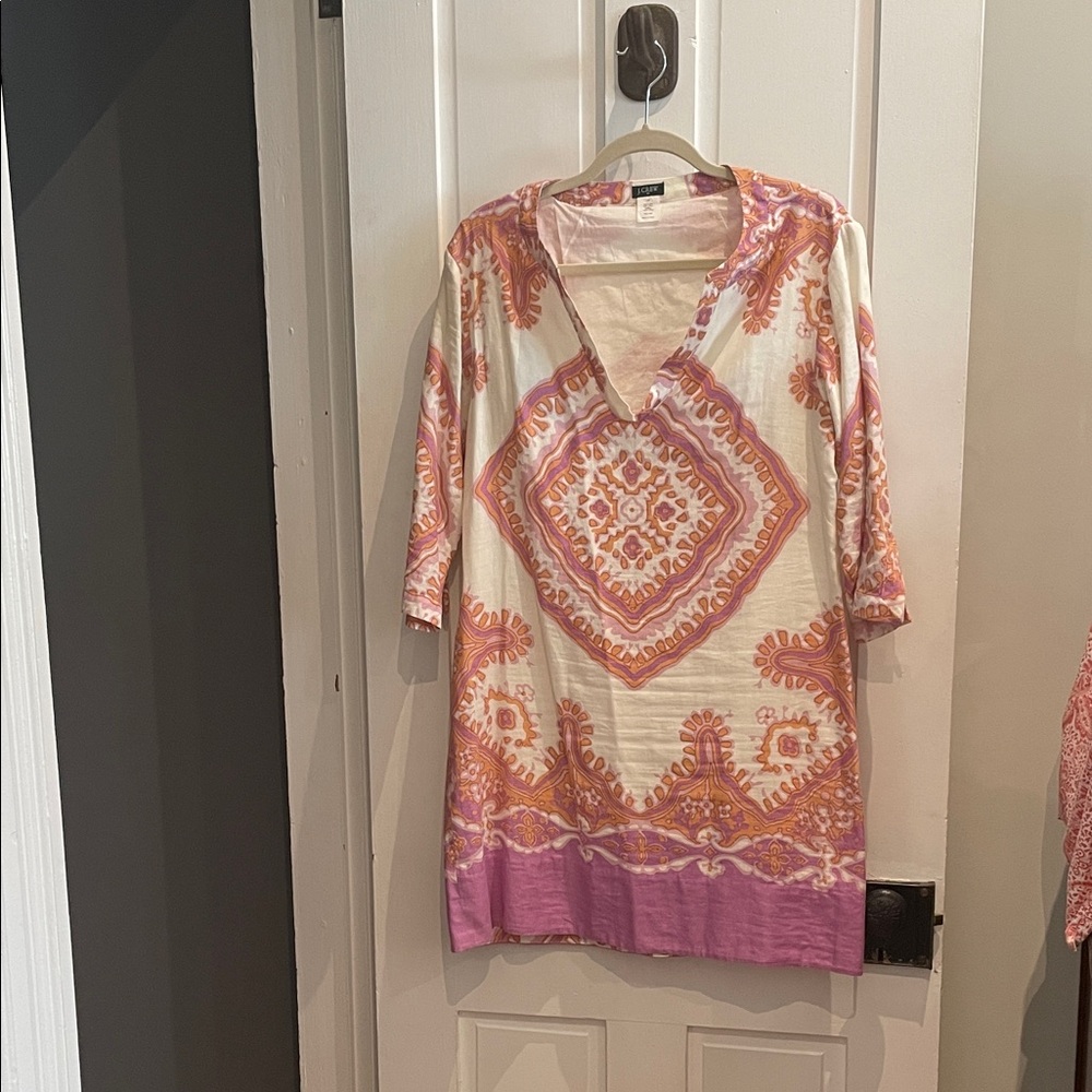 J. Crew Printed V-Neck Tunic Dress in Cream and Purple Like New Sz 10